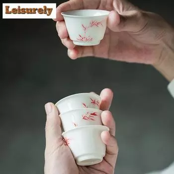 2 шт./набор расписанных вручную красных бамбуковых керамических чашек, креативная белая фарфоровая чашка в форме подковы, маленькая кружка Master Cup, чайный сервиз Kung Fu 40 мл