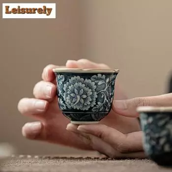2 шт./набор старинных керамических чашек с цветком в виде цветка, обожженная в печи Ru Kiln, маленькая чашка Master Cup, дегустационная чайная чаша, чайная утварь Kung Fu, 40 мл