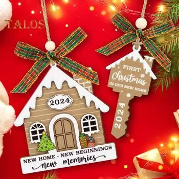 2 шт. Набор украшений для нового дома 2024 года, подвесные украшения для рождественской елки, деревянные сувениры на новоселье для нового дома, подарок коричневый
