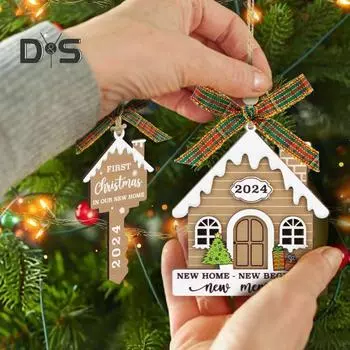 2 шт. Набор украшений для нового дома 2024 года, подвесные украшения для рождественской елки, деревянные сувениры на новоселье для нового дома, подарок коричневый