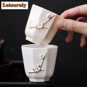 2 шт./набор, восьмигранная изысканная золотая резная цветочная чашка из бараньего жира, нефритовая дегустационная чашка из бараньего жира, маленькая мастерская чашка для кунг-фу