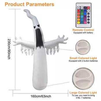 2 шт. надувной призрак на Хэллоуин со светодиодной подсветкой RGB, меняющей цвет, для внутреннего двора, лужайки, вечеринки с пультом дистанционного управления