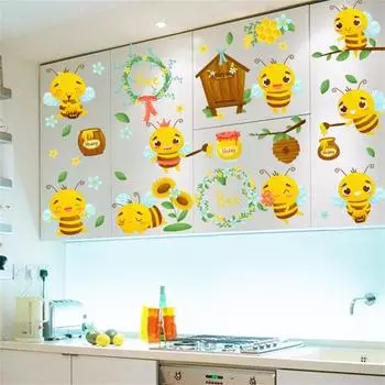 2 шт., наклейки на большие стены, самоклеящиеся, водонепроницаемые, привлекательные, красочные, милые, с героями мультфильмов, пчелы, насекомые, наклейки на стену для спальни жёлтый