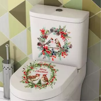 2 шт. Наклейки на унитаз в виде рождественского венка, съемные наклейки на крышку унитаза в виде венка из веток птиц, самоклеящиеся
