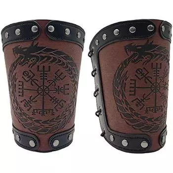 2 шт. наручи викингов, тисненые кожаные доспехи Йормунгандра, наручи викингов, средневековый браслет из искусственной кожи для ролевых игр 2PCS коричневый