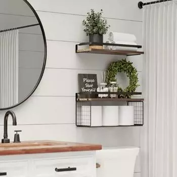 2 шт., настенное крепление, деревянная плавающая полка, металлическая сетчатая корзина, большая вместимость, сильная несущая способность, сверхмощный над унитазом, аксессуары для ванной комнаты светло-коричневого