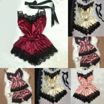 2 шт. Ночная рубашка Babydoll Повседневная свободная сексуальная мода Бесшовное атласное кружевное нижнее белье Пижамы XL