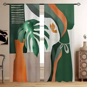 2 шт. Nordic Ins зеленая шаль в стиле листа с напечатанным узором полупрозрачные шторы через штангу декоративные шторы для гостиной (50Wx50H)x2(CM)&Rod Pocket