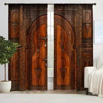 2 шт. Новая имитация деревянной двери, декоративная занавеска, 3D цифровая печать, карманная занавеска для гостиной, офиса, домашнего декора 2x50W100H(CM)&Grommet Top