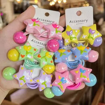 2 шт., новые милые цветные нарисованные вручную головные уборы в форме звезды для принцессы, детские эластичные резинки для волос, детские веревки для волос, аксессуары для волос для девочек розовый