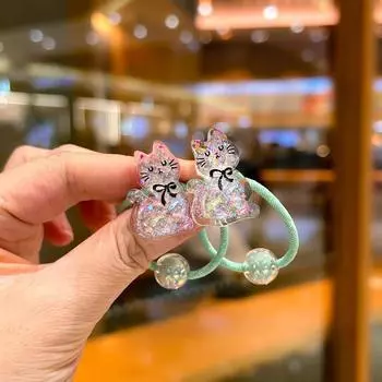 2 шт., новые милые сверкающие волнистые заколки для волос в виде кошки, принцессы, детские эластичные резинки для волос, детские веревки для волос, аксессуары для волос для девочек