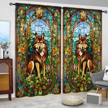 2 шт. О цветном стекле Волк Печатный занавес для домашнего декора - Карманный оконный декор для спальни, офиса, кухни 52.5cmX116cm X 2pcs