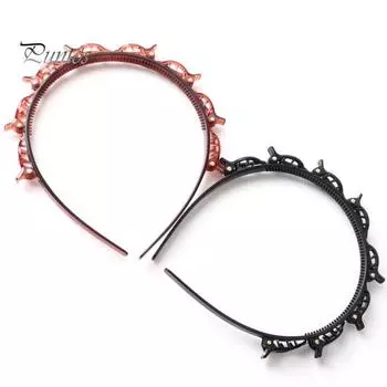 2 шт. обруч для волос, двухслойный полый плетеный дизайн, повязка на голову с зажимами, инструмент для укладки челки, плетеная повязка на голову с зажимом чёрный