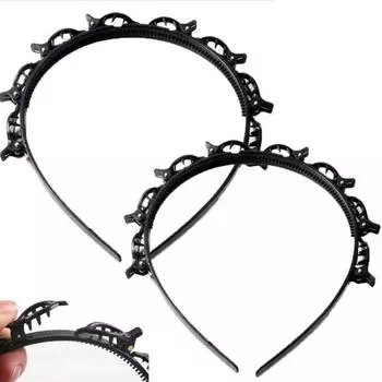 2 шт. обруч для волос двухслойный полый плетеный дизайн повязка на голову с зажимами челка инструмент для укладки чёрный