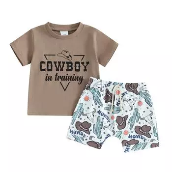 2 шт., одежда в стиле вестерн для маленьких мальчиков, ковбойская шляпа с короткими рукавами и принтом, топ + шорты, комплект одежды для малышей 6-12 Months хаки