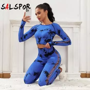 2 шт. однотонный бесшовный комплект для йоги с круглым вырезом и длинными рукавами, полая футболка и леггинсы с высокой талией, спортивный костюм XL королевский синий