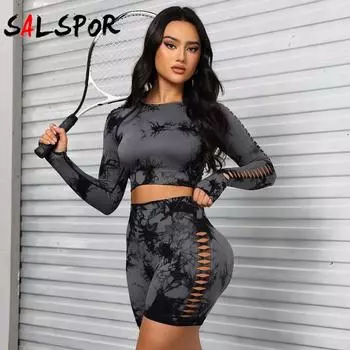 2 шт. однотонный бесшовный комплект для йоги с круглым вырезом и длинными рукавами, полая футболка и леггинсы с высокой талией, спортивный костюм L трава зеленый