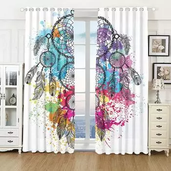 2 шт. оконные шторы в стиле бохо «Ловец снов», богемные плотные оконные занавески для девочек, детей, женщин, спальни, перья W50H130(CM)x2&Hook