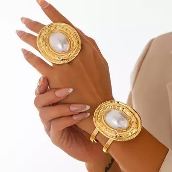 2 шт. овальный искусственный жемчуг манжета браслет кольцо комплект легкий роскошный стиль шарм ювелирные изделия комплект для женщин преувеличенный золотой серебряный цвет аксессуары для вечеринки подарок