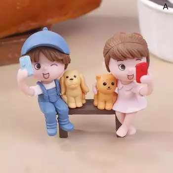 2 шт./пара милых влюбленных, делающих селфи на табурете, украшение для торта, украшение для автомобиля, парные фигурки, миниатюрное ремесло, декор для сада фей