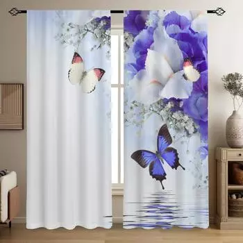 2 шт. Пасторальные цветы бабочки напечатаны полупрозрачные шторы, гостиная игровая спальня многосценный полиэстер штанга карман декор 2x50W130H(CM)&rod pocket