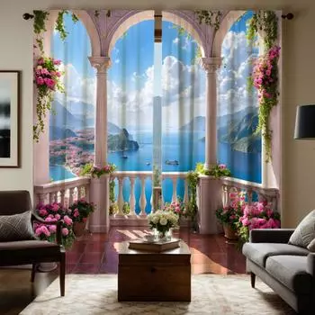 2 шт. павильон на берегу озера Цин, синее небо, цветы, ландшафтное украшение, занавеска, синяя цифровая печать, украшение для дома W52H63inchW132H160cm