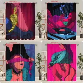 2 шт. - Печать персонажей ко Дню святого Валентина - Шторы с принтом - Материал полиэстер - Подходит для спальни, гостиной, кабинета, 30Wx65L(76x165CM)x2