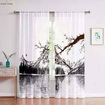 2 шт. Пейзажная живопись тушью напечатанные шторы черно-белые карманные шторы для спальни гостиной кабинета декоративные шторы W50xH140(CM)x2PCS&Rod pocket