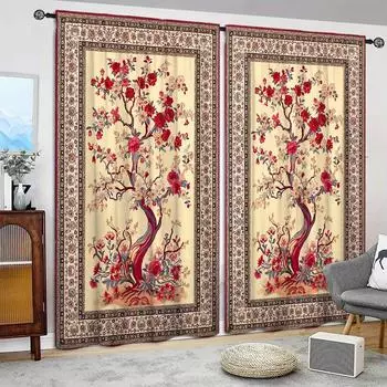 2 шт. Персидская художественная занавеска с принтом дерева для домашнего декора - оконная отделка с карманом для спальни, офиса, кухни и гостиной 52.5cmX116cmX2pcs