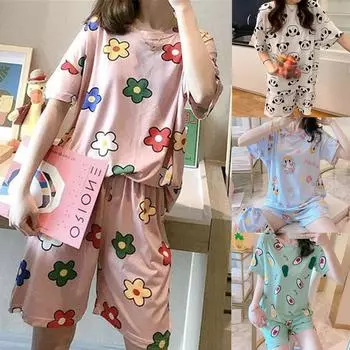 2 шт., пижамный костюм с мультяшным принтом, женская летняя футболка с коротким рукавом и шорты