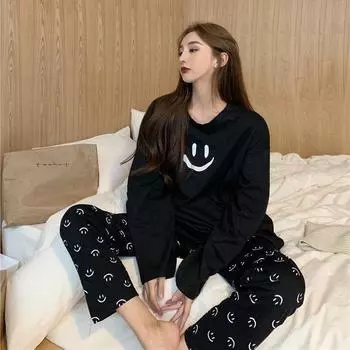 2 шт. пижамы женские весенне-осенние брюки с длинными рукавами повседневные носимые двухсекционные студенческие милые домашние служебные костюмы спортивный спортивный костюм M чёрный