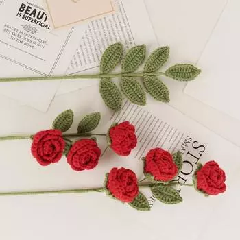 2 шт., плетеные вручную розы, вязаный крючком цветочный букет, вязаные крючком розы ручной работы, искусственные цветы, свадебный декор, юбилеи, праздники, подарок на день рождения 2 pcs красный