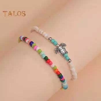 2 шт. пляжный браслет из бисера красочный Радужный цвет кулон в виде черепахи в богемном стиле штабелируемые браслеты из бисера летние каникулы ювелирные изделия разноцветный