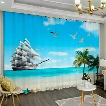 2 шт. Пляжный пейзаж Печатные шторы Анти-УФ обработка окон для гостиной спальни офиса кухни кабинета украшения дома 100W130H(CM)40x51in&rod pocket