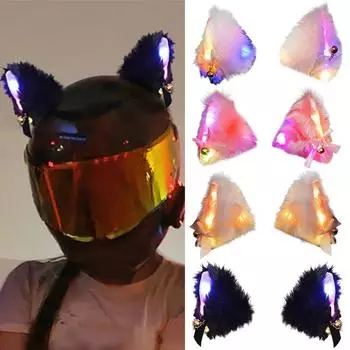 2 шт. плюшевые кошачьи уши для мотоциклетного шлема с цветной светодиодной подсветкой, полнолицевой шлем для мотокросса, украшение для внедорожного шлема