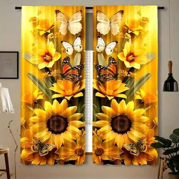 2 шт. полупрозрачных желтых занавесок с принтом подсолнухов, дизайн кармашка для спальни, офиса, кухни и гостиной, декор окна 100W130H(CM)40x51in&rod pocket