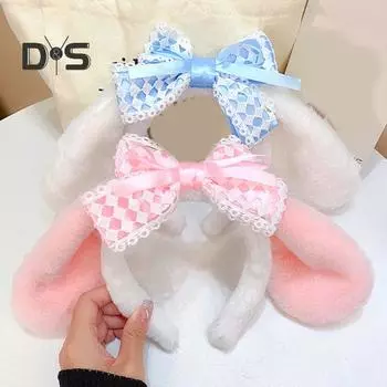 2 шт. повязки на голову для девочек с кружевным бантом, плюшевые животные, длинные уши, декоративная повязка на голову, костюм для рождественских вечеринок, пушистые аксессуары для волос розовый/белый