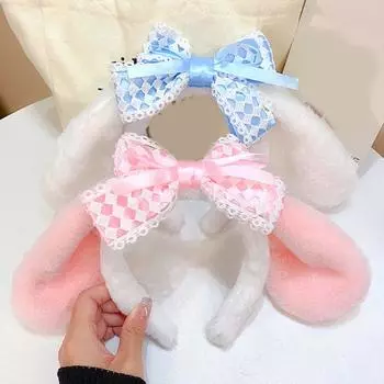 2 шт. повязки на голову для девочек с кружевным бантом, плюшевые животные, длинные уши, декоративная повязка на голову, костюм для рождественских вечеринок, пушистые аксессуары для волос