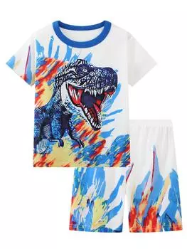 2 шт., повседневный пижамный комплект с принтом динозавра для мальчиков, крутой топ с короткими рукавами и шорты, комплект домашней одежды на все сезоны S
