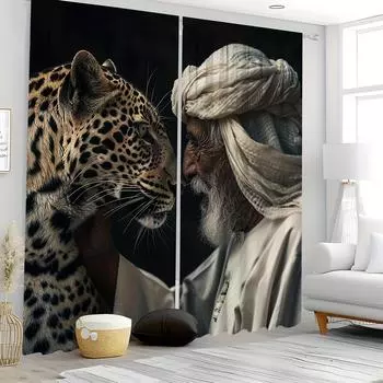 2 шт. Пожилой мужчина и леопардовый узор льва шторы декоративные оконные шторы оконные украшения для спальни гостиной домашний декор (W50cmxH130cm)x2&Rod Pocket