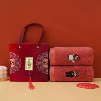 2 шт. Праздничное свадебное красное полотенце из хлопка, утолщенное впитывающее полотенце для взрослых с подарочной коробкой для свадьбы, в комплекте с подарком Назад к подарку 34*74cm