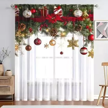 2 шт. Премиум-занавески с узором «Рождественская сосна и шар» — полупрозрачные шторы с карманами на штанге для гостиной, кухни, праздничный декор 2x50W130H(CM)40x51in&Hook