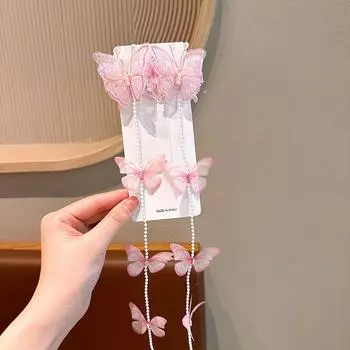 2 шт. Принцесса Девочки Газовая Бабочка Заколки для Волос Жемчужная Кисточка Косички Заколки Сладкие Детские Праздничные Нарядные Аксессуары для Волос розовый