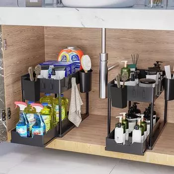 2 шт. Простая полка для кухни под раковиной в ванной комнате, выдвижной органайзер, многофункциональная полка для хранения [с 4 клетками для палочек для еды + 10 крючками] 2pcs чёрный