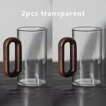 2 шт. Прозрачные черные стеклянные кофейные чашки с ручкой из орехового дерева, бытовые стаканы из боросиликатного стекла, питьевая вода, чайная чашка 360ml