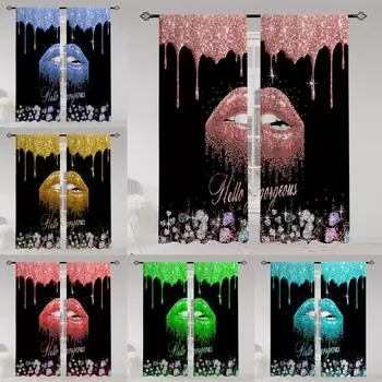 2 шт. прозрачные шторы с принтом губ, многофункциональные шторы из полиэстера с карманами для декора гостиной, игровой комнаты, спальни, дома 2x50Wx50H(CM)&Hook