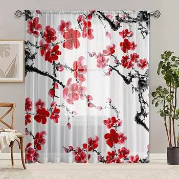 2 шт., прозрачные вуалевые шторы с узором «цветок красной сливы», декоративные шторы для спальни, гостиной, пола, оконных жалюзи 0.8*1.4&Grommet Top