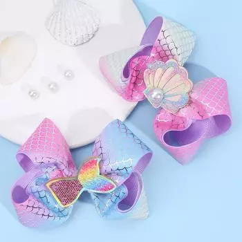 2 шт. Радужные заколки для волос русалки с блестками, в виде рыбьего хвоста, ракушки, с лентами, летние пляжные аксессуары для волос для девочек