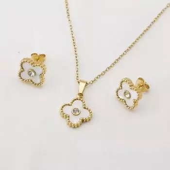 2 шт. ракушка клевера из нержавеющей стали с бриллиантовым колье и серьгами белый