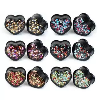 2 шт. разноцветные акриловые ушные манометры с блестками, туннельные заглушки в форме сердца, расширитель для ушей, ювелирные изделия для пирсинга 6-30 мм 6mm зелёный